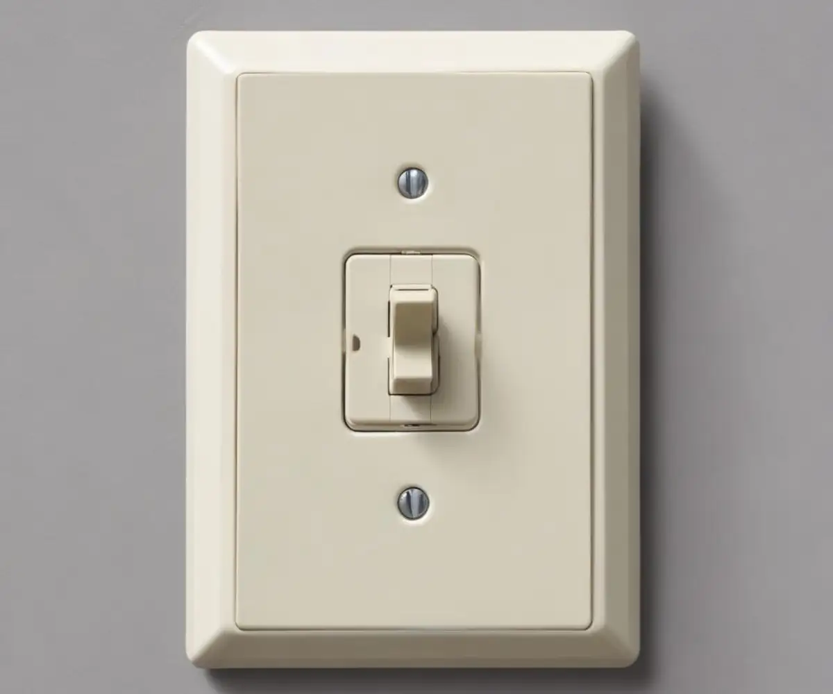 A close-up of a standard, white, single-pole toggle light switch mounted on a light gray wall.