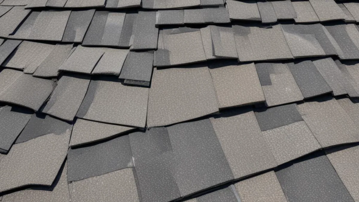 Visibly sagging residential roof with cracked asphalt shingles.