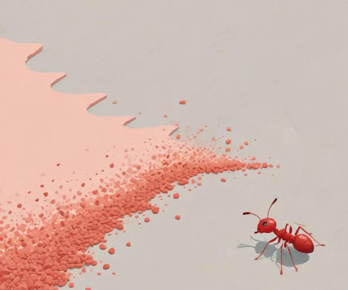 Red ant bait granules scattered on a pavement crack.