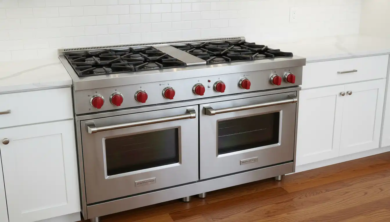 A professional-style stainless steel American Range gas stove with six burners and red control knobs installed in a kitchen with white cabinets.