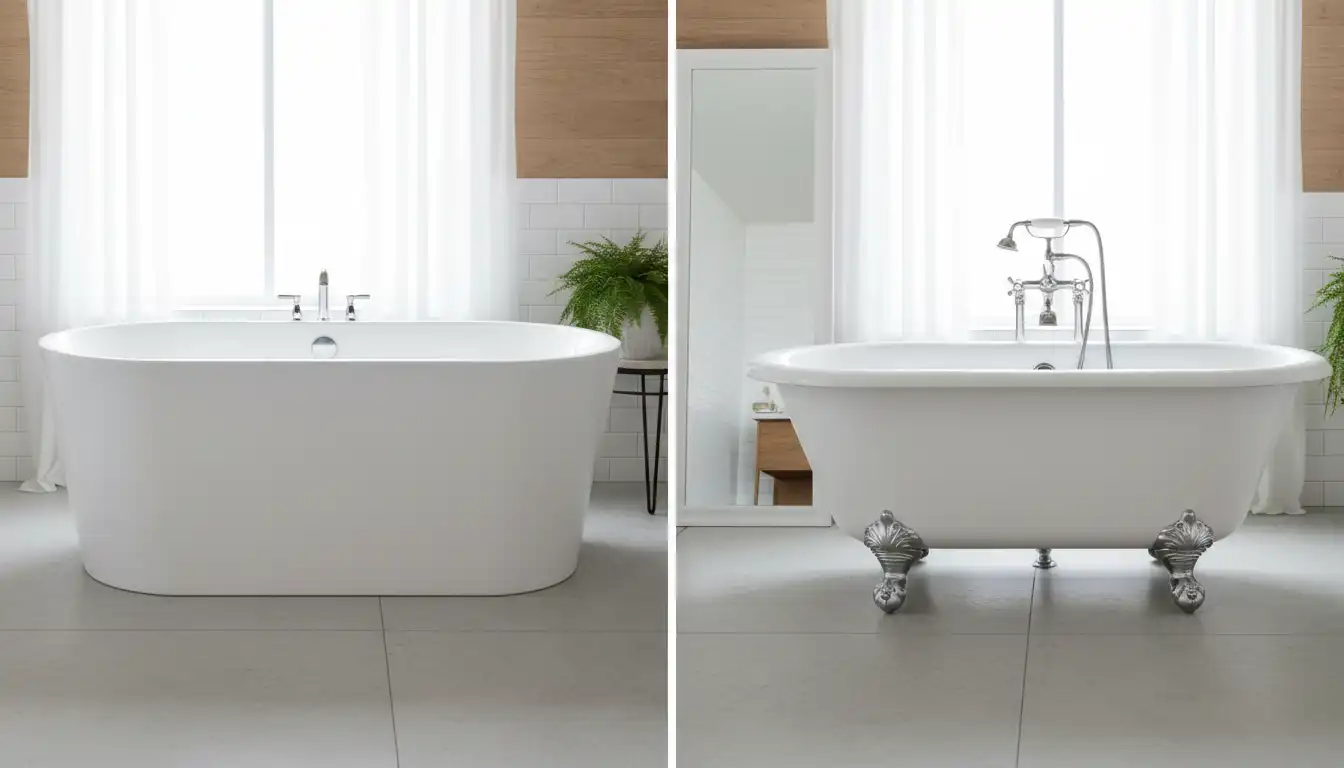 A side-by-side comparison of a sleek, modern freestanding acrylic bathtub and a classic, white enameled cast iron bathtub in a brightly lit bathroom.