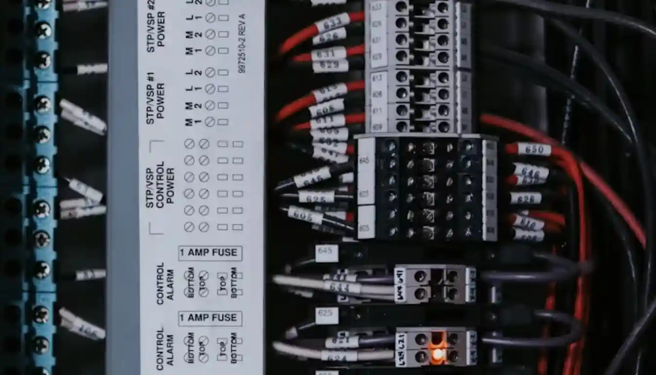 A residential electrical panel with a 150-amp main breaker and numerous circuit breakers for home wiring.