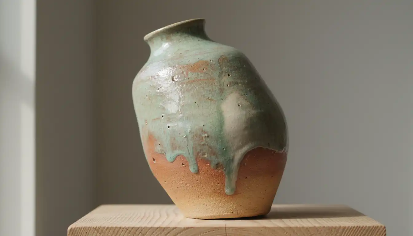 A handcrafted ceramic vase with a slightly asymmetrical shape and a textured, uneven glaze.