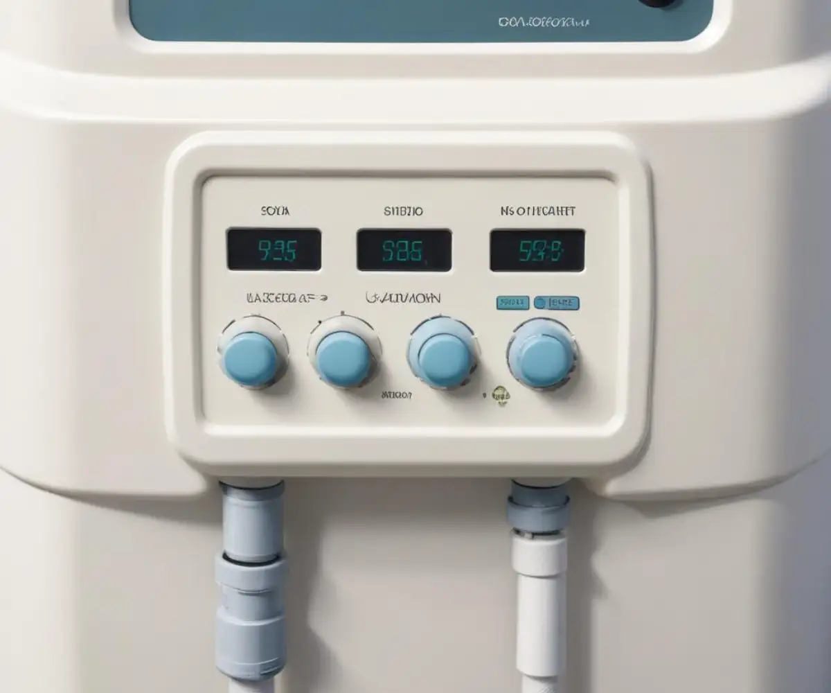 Close-up view of a digital control panel on a white water softener unit.