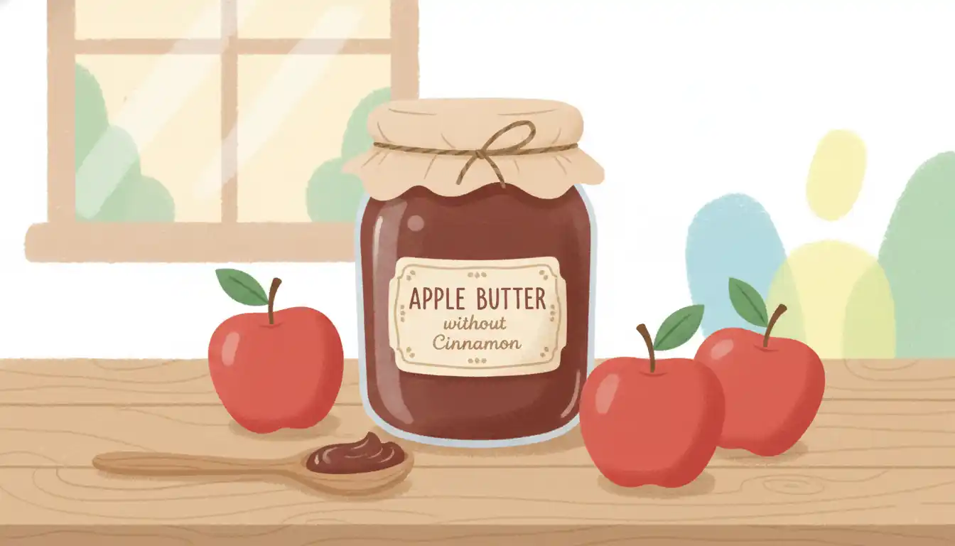 A rustic jar of smooth, dark apple butter next to fresh red apples on a wooden table.