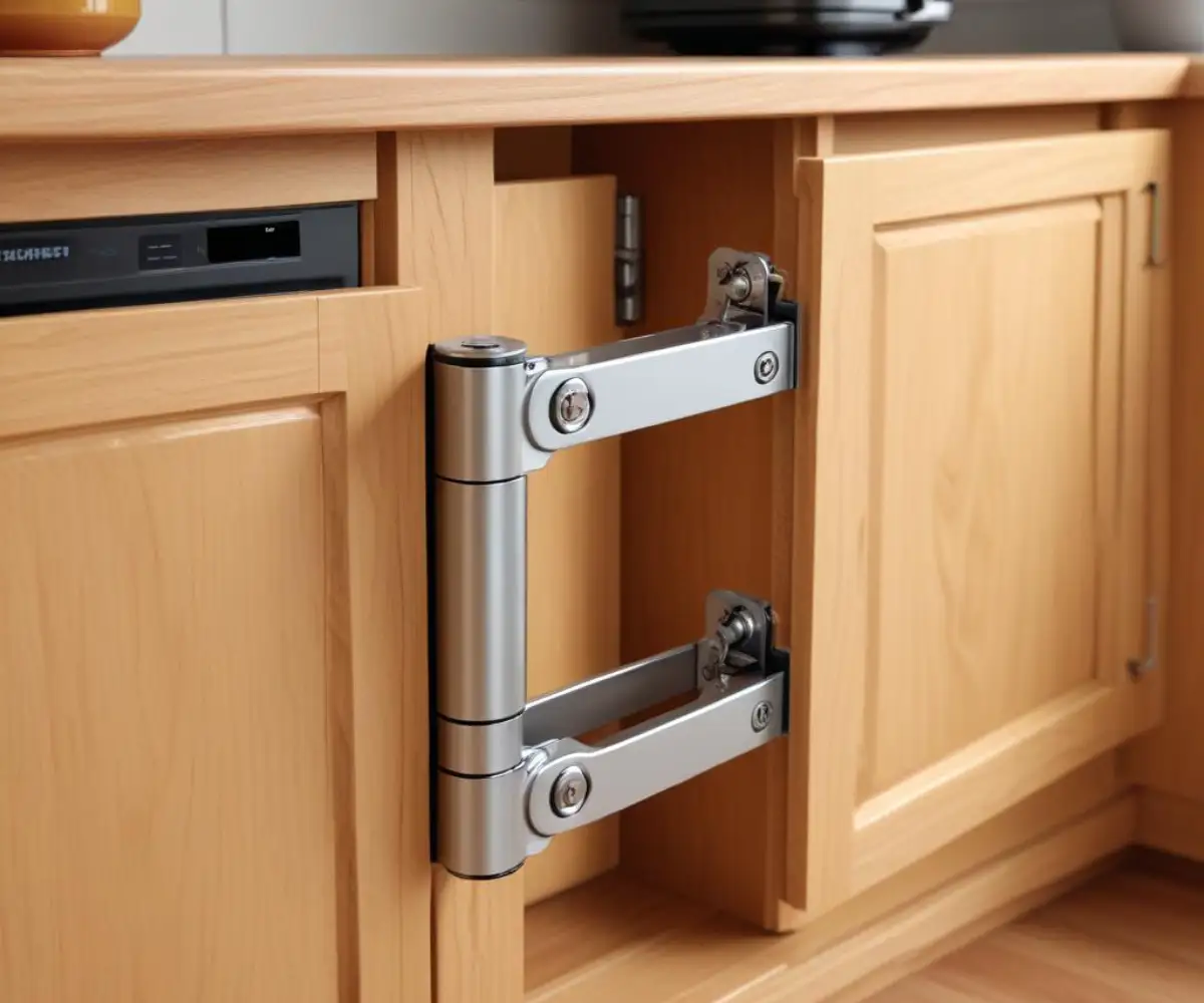 A close-up of a specialized lift-up hinge mechanism installed on a wooden kitchen cabinet designed as an appliance garage.