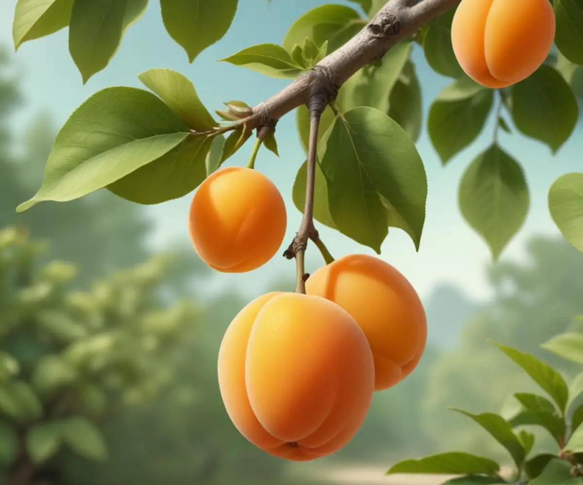 A close-up of a small, ripe, orange apricot hanging from the branch of a dwarf apricot tree with green leaves in the background.