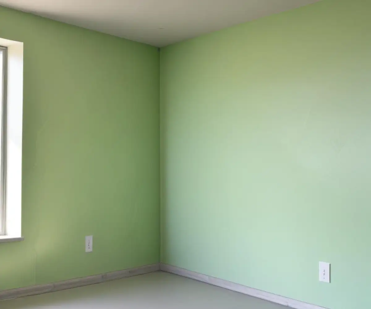 A smooth, light green coat of liquid waterproofing membrane applied evenly over a plain drywall surface in a corner.