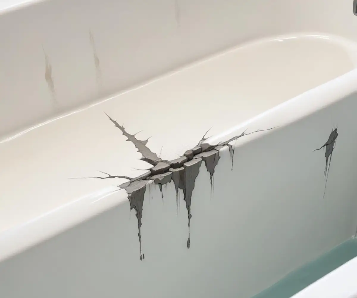 A close-up view of a crack in the surface of a white fiberglass bathtub.