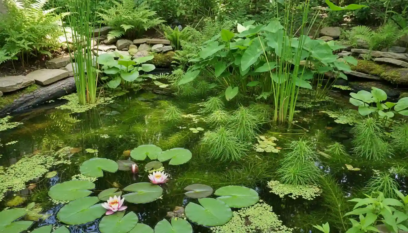 A variety of lush, green aquatic plants, including water lilies with broad floating leaves, arranged in a pond setting.