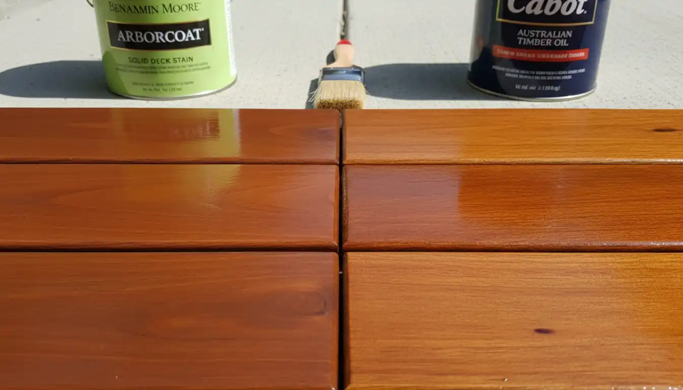 A freshly stained wooden deck board showing the rich color and grain of the wood after application.