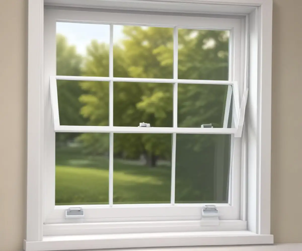 Close-up of a white vinyl double-hung window with insulated glass.