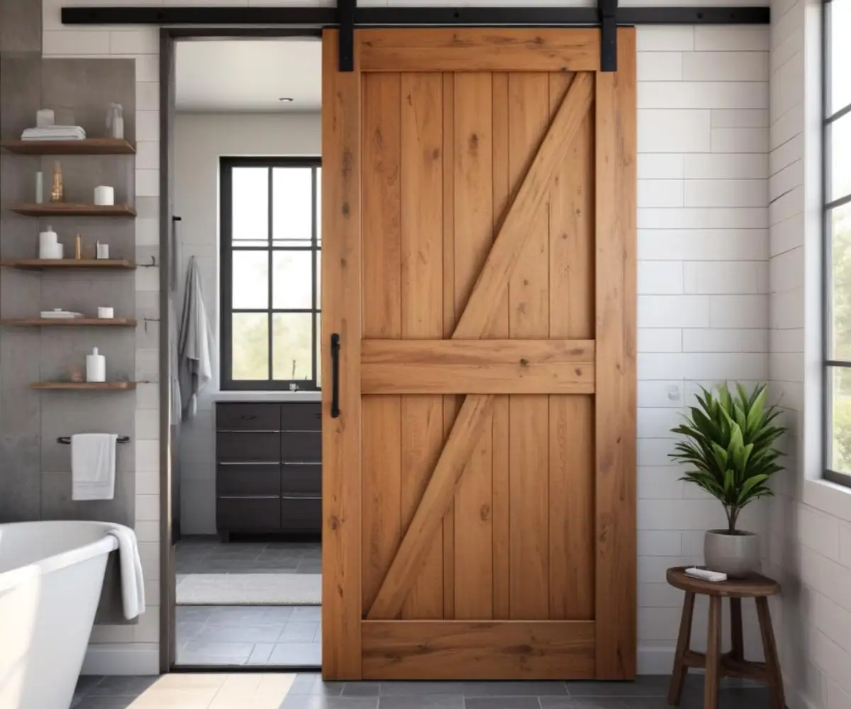 A rustic sliding barn door with dark hardware installed on the entrance to a modern bathroom with a white tiled wall.