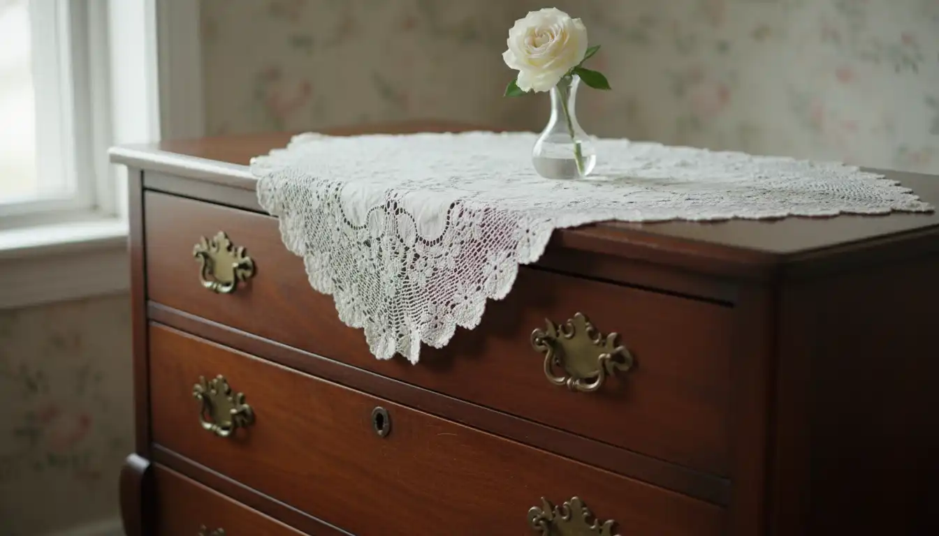 A vintage wooden dresser with an elegant, white lace runner and a small decorative vase.