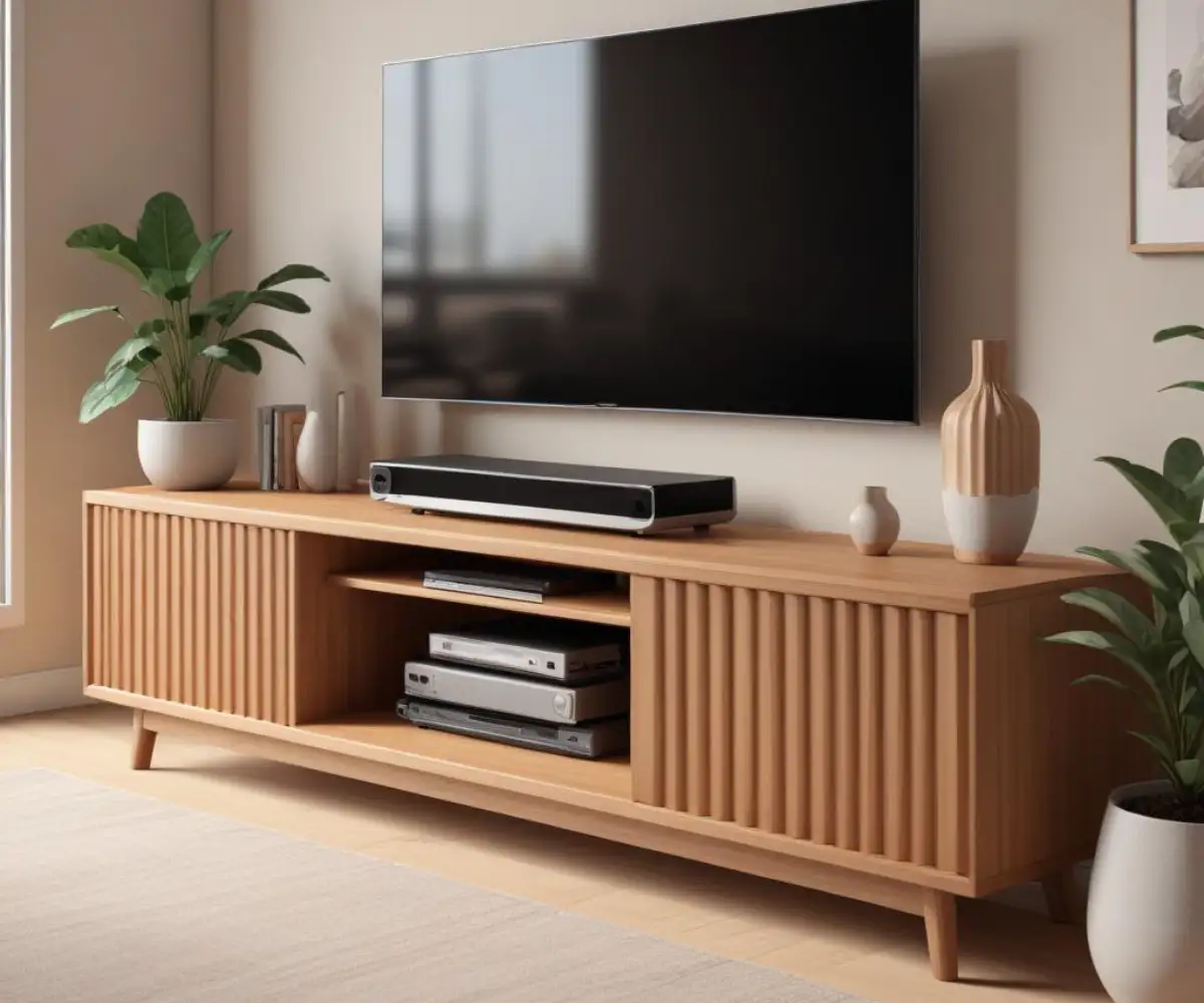 A modern, low-profile media console with a fluted wood finish, placed in a minimalist living room.