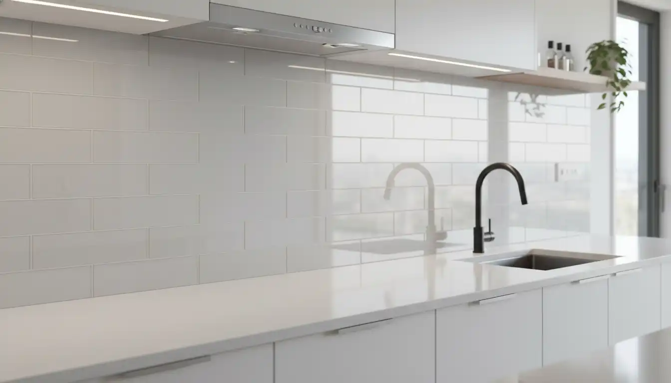 A sleek, modern kitchen backsplash featuring large-format, light gray glass subway tiles arranged in a clean, stacked pattern.