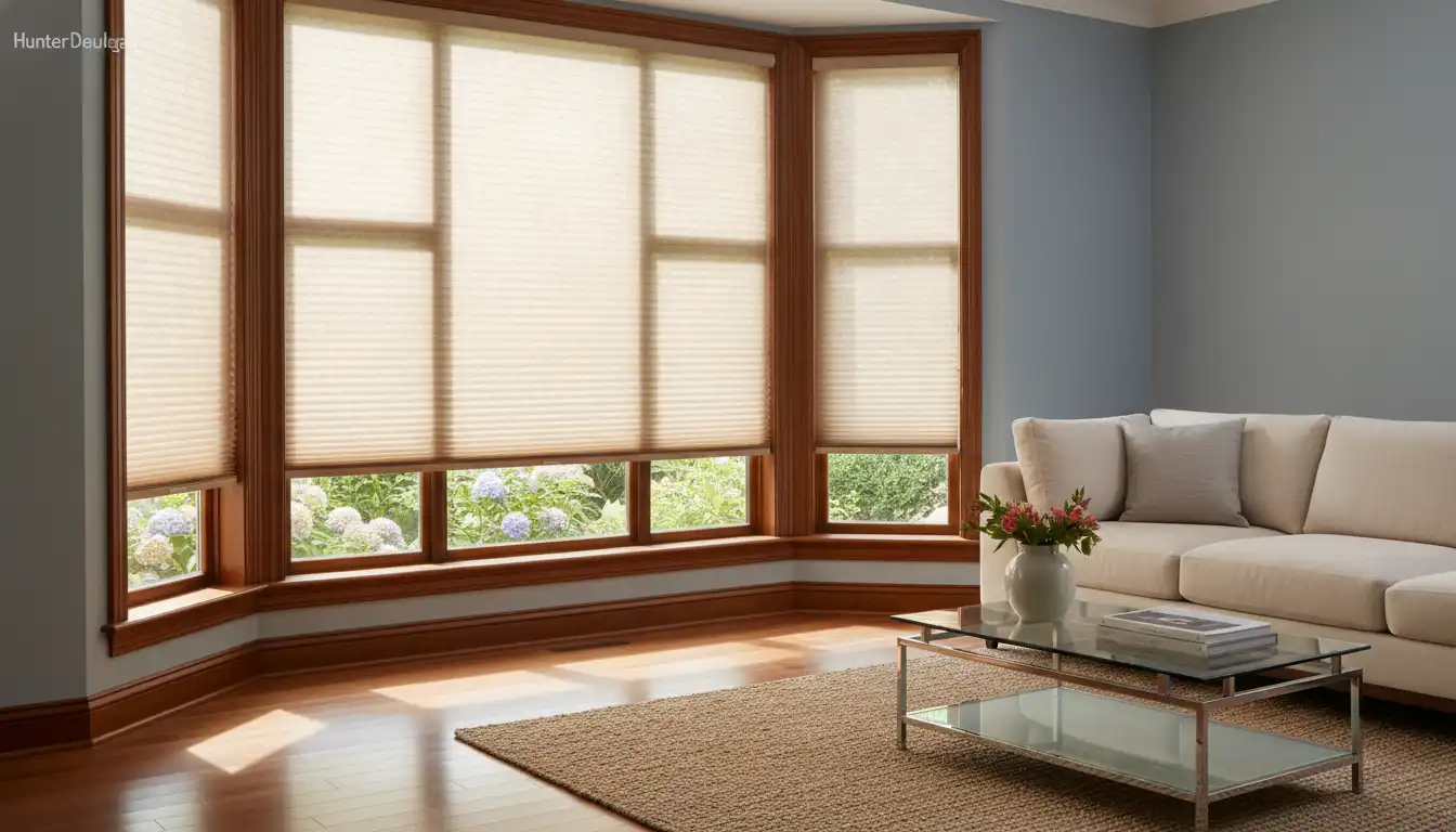 Custom sheer window shades in a brightly lit living room with a view of the outdoors.