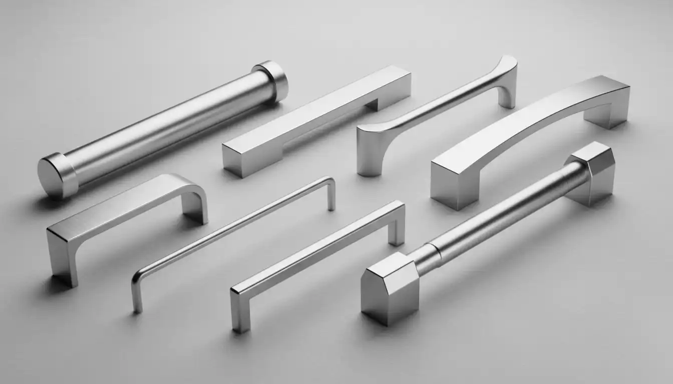 A collection of various stainless steel appliance handles displayed against a neutral background.