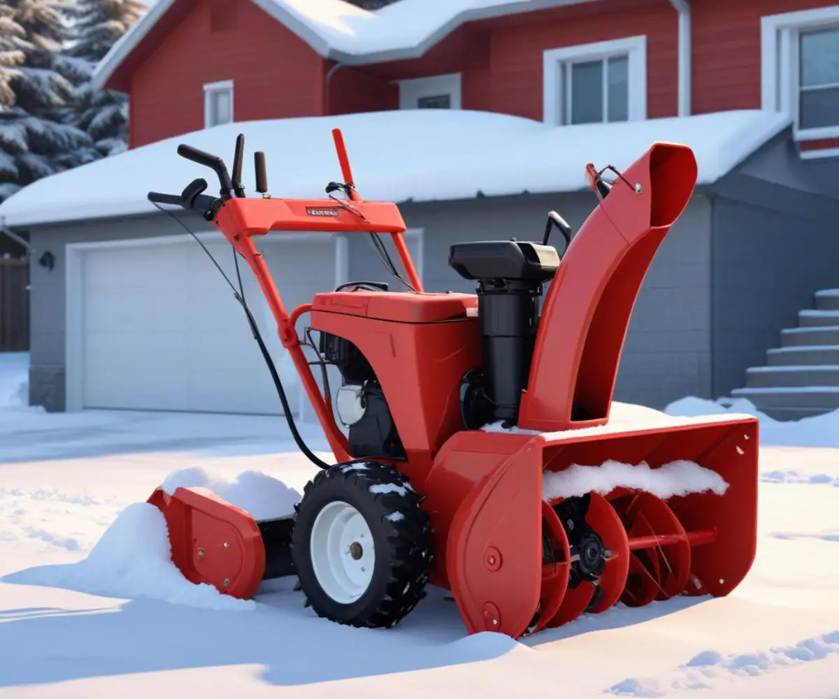 A red two-stage MTD snow blower on a clean concrete driveway next to a pile of snow.