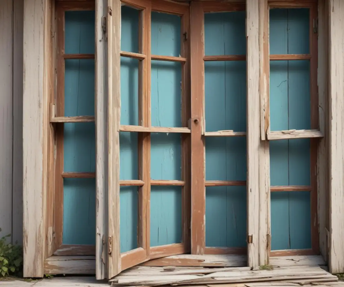 A stack of weathered, antique wooden window frames with peeling paint.
