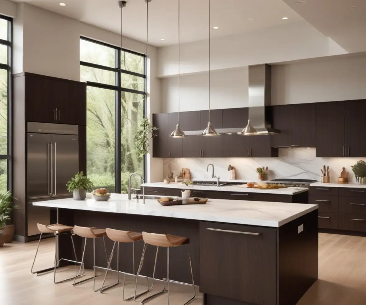 A luxurious, modern kitchen featuring dark wood, frameless Omega cabinets, stainless steel appliances, and a large central island with a white countertop.