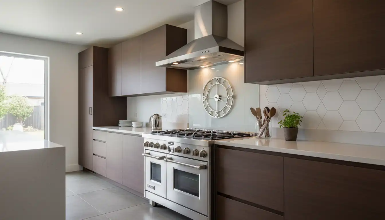 A sleek, stainless steel Proline range hood mounted above a modern kitchen stove.