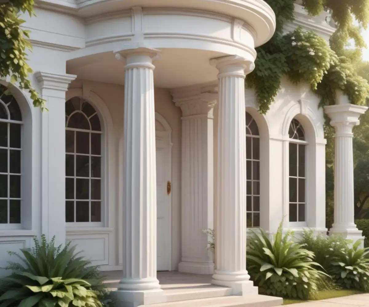 A classic white round architectural column with vertical fluting supporting a covered portico.