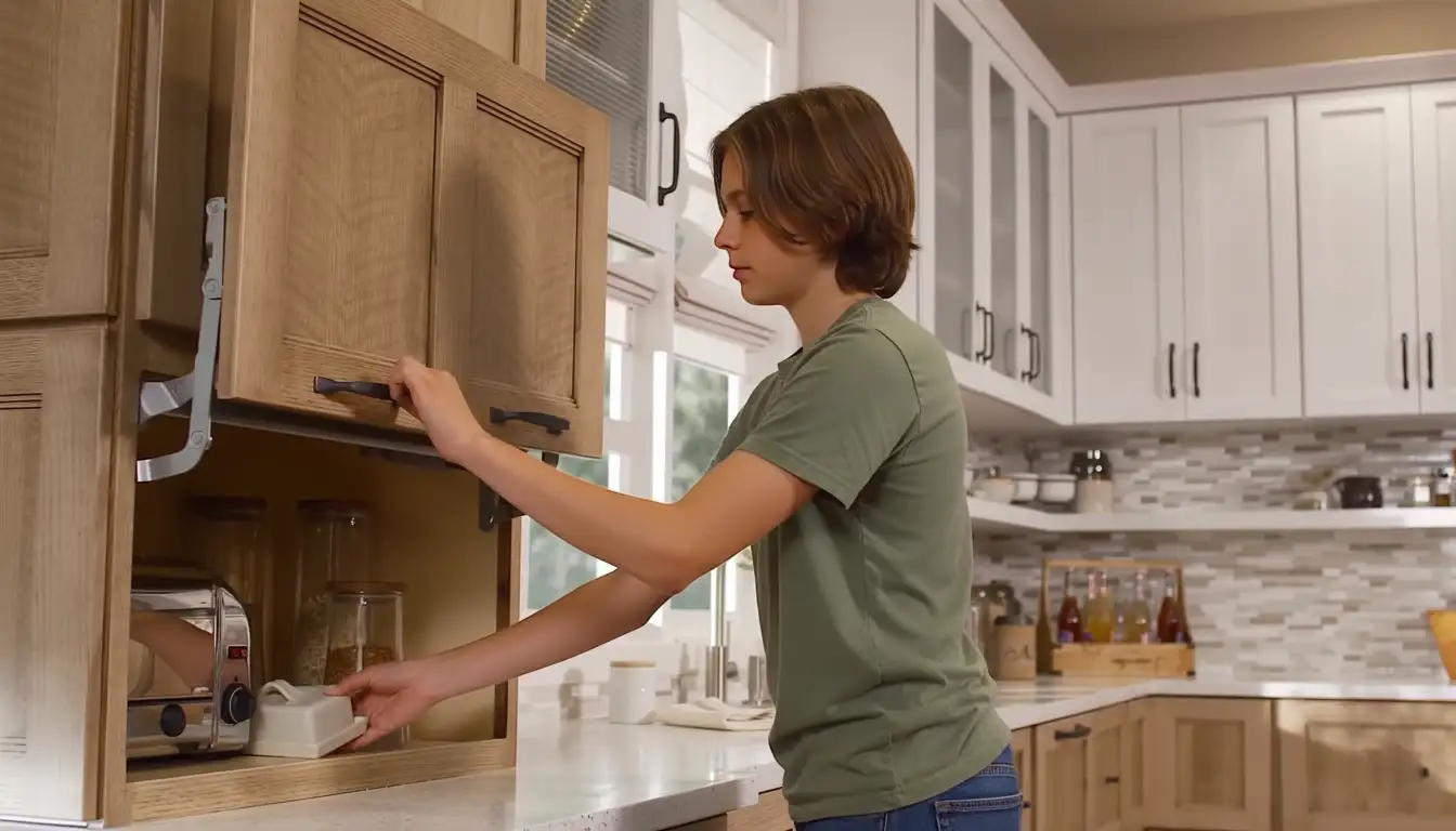 A modern kitchen showcasing elegant, dark wood Schuler cabinets with sleek silver handles and a white marble countertop.