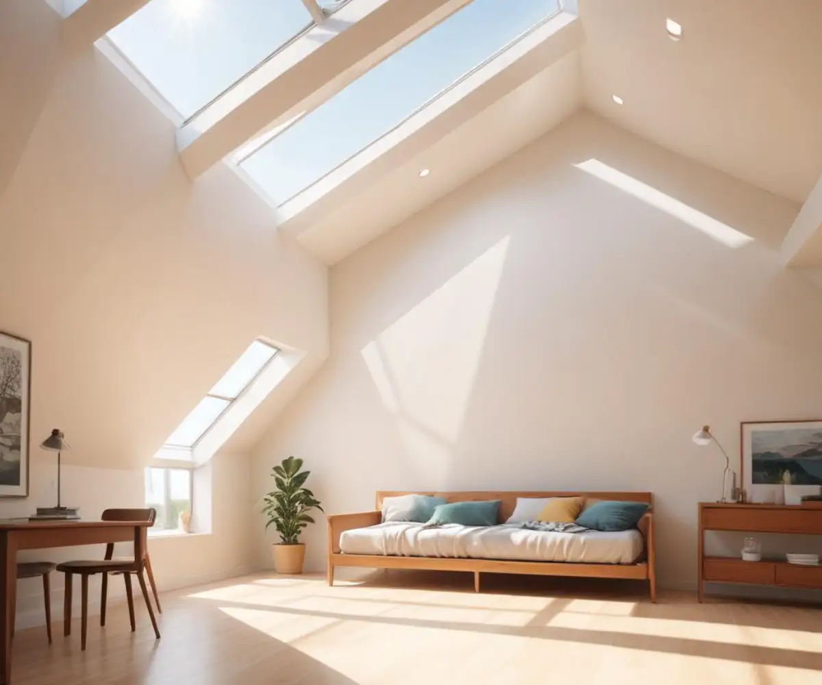 Sunlight streams through a large, modern skylight in a vaulted ceiling with white shiplap.