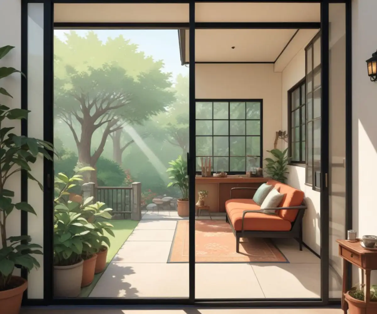 A modern, black-framed sliding glass door connecting a living room to an outdoor patio with a minimalist aesthetic.