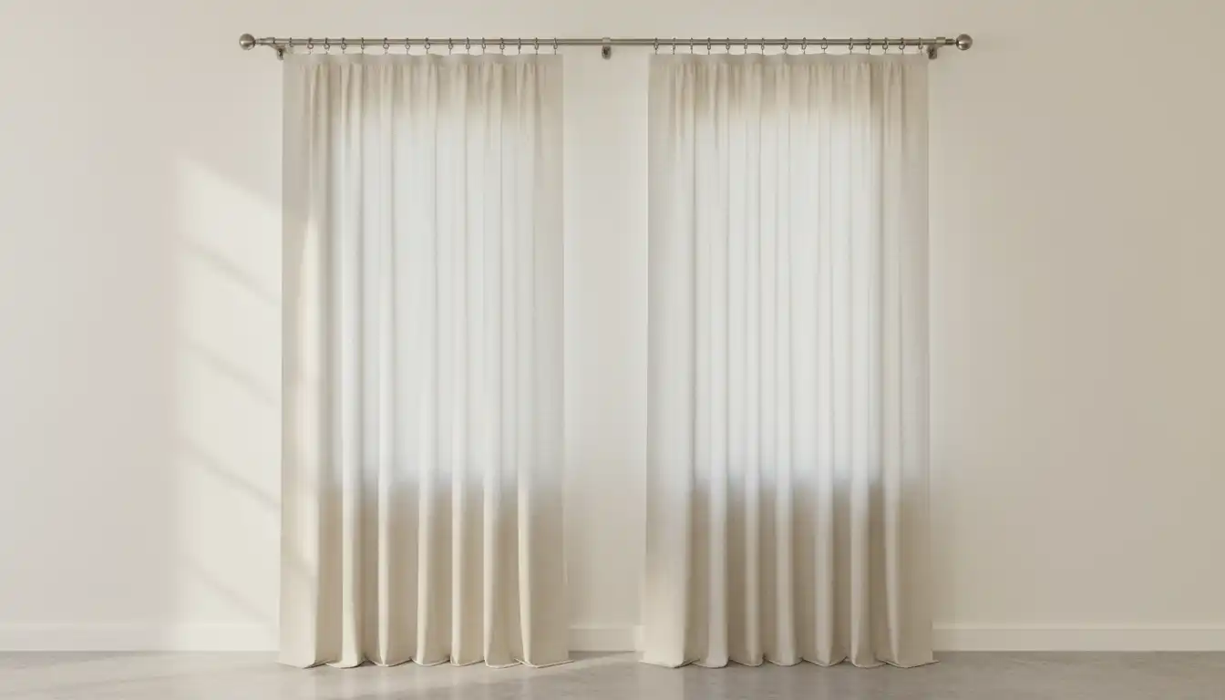 A pair of light-colored tab top curtains hanging on a metal rod against a plain wall.