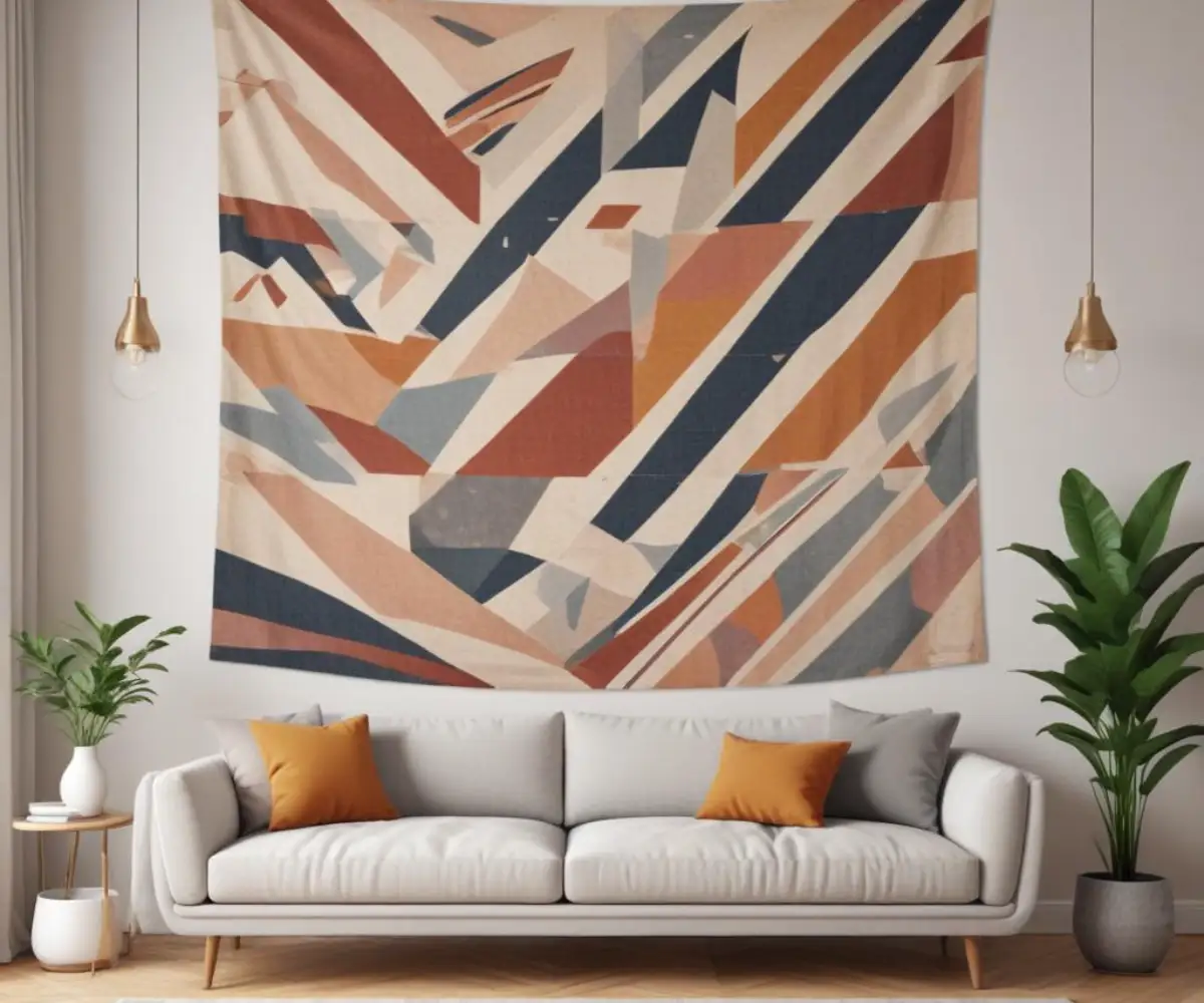 A large, modern woven tapestry with an abstract geometric pattern hanging on a neutral-colored living room wall above a minimalist sofa.