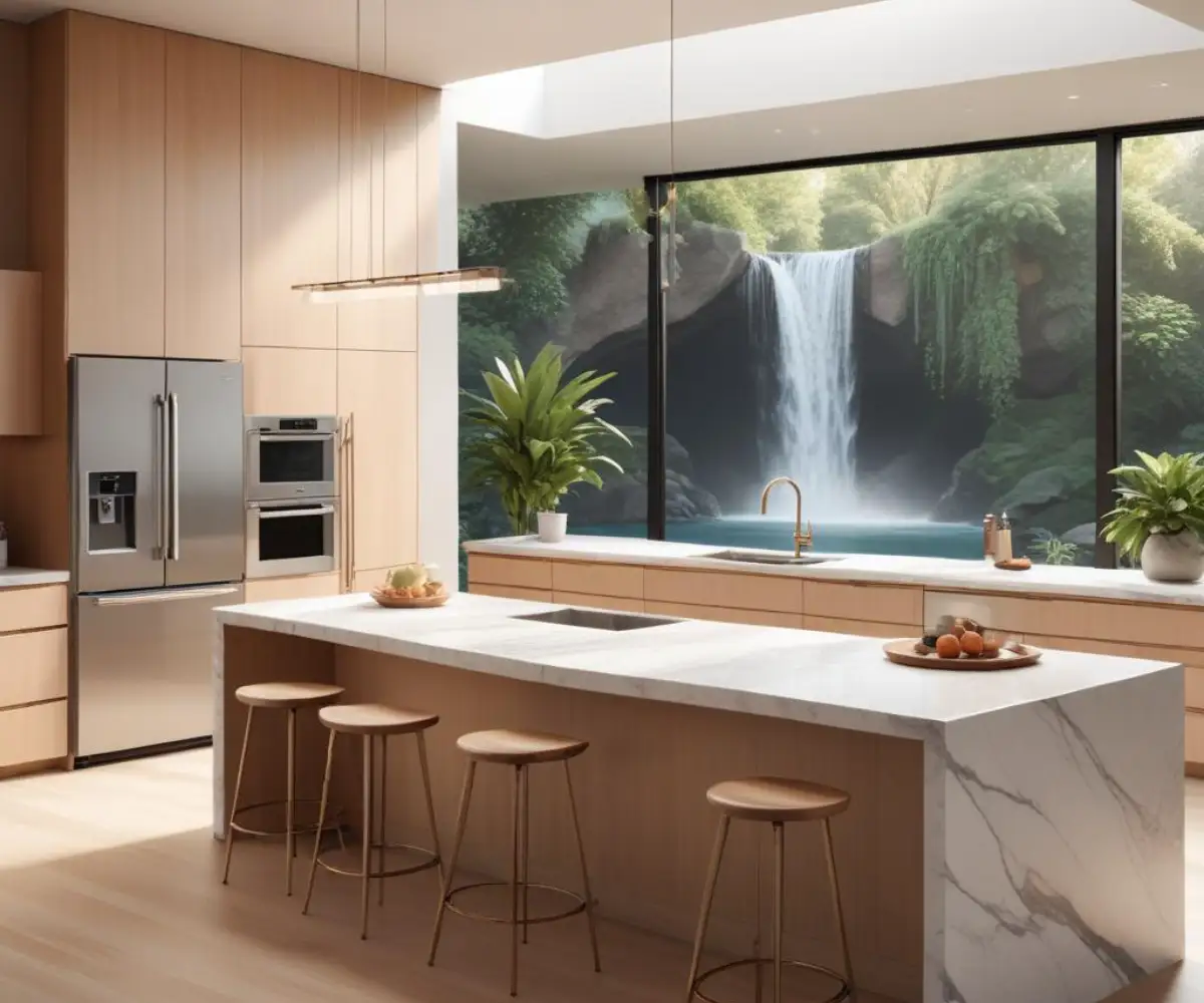 A sleek, modern kitchen featuring a large, single-level quartz island with a waterfall edge and minimalist bar stools.