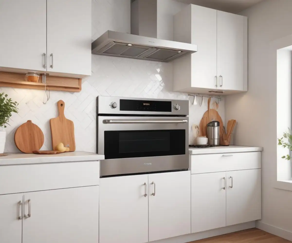 A stainless steel wall oven installed in a white kitchen cabinet with electrical wires visible in the junction box behind it.