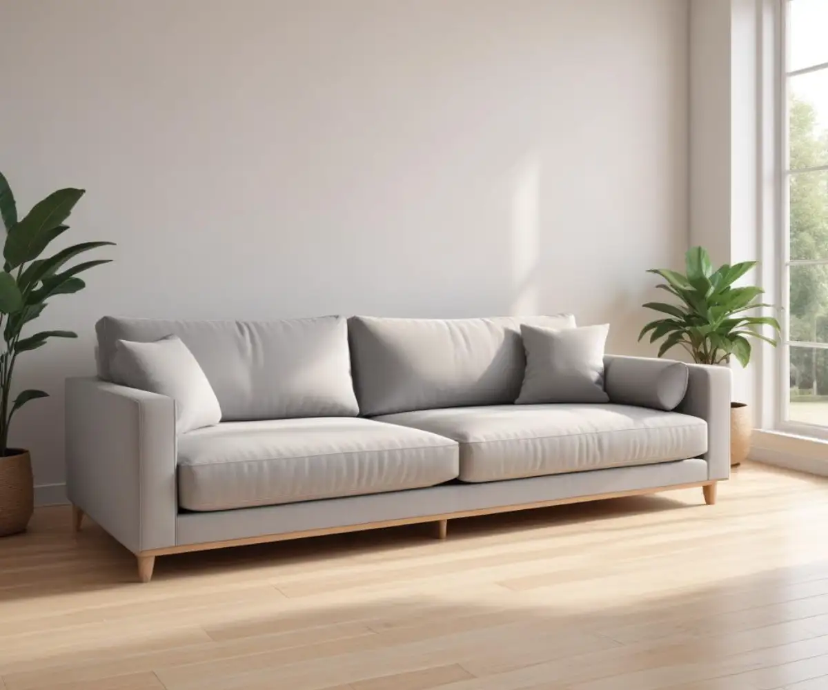 A low-profile, light gray, three-seater sofa with deep seat cushions and clean lines, placed on a light wood floor against a plain white wall.