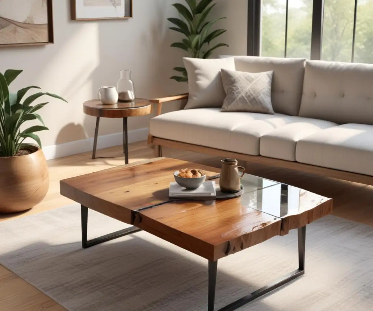 A split-view of a rustic, handcrafted wooden coffee table on the left and a modern, minimalist metal and glass coffee table on the right, both set in neutral living room scenes.