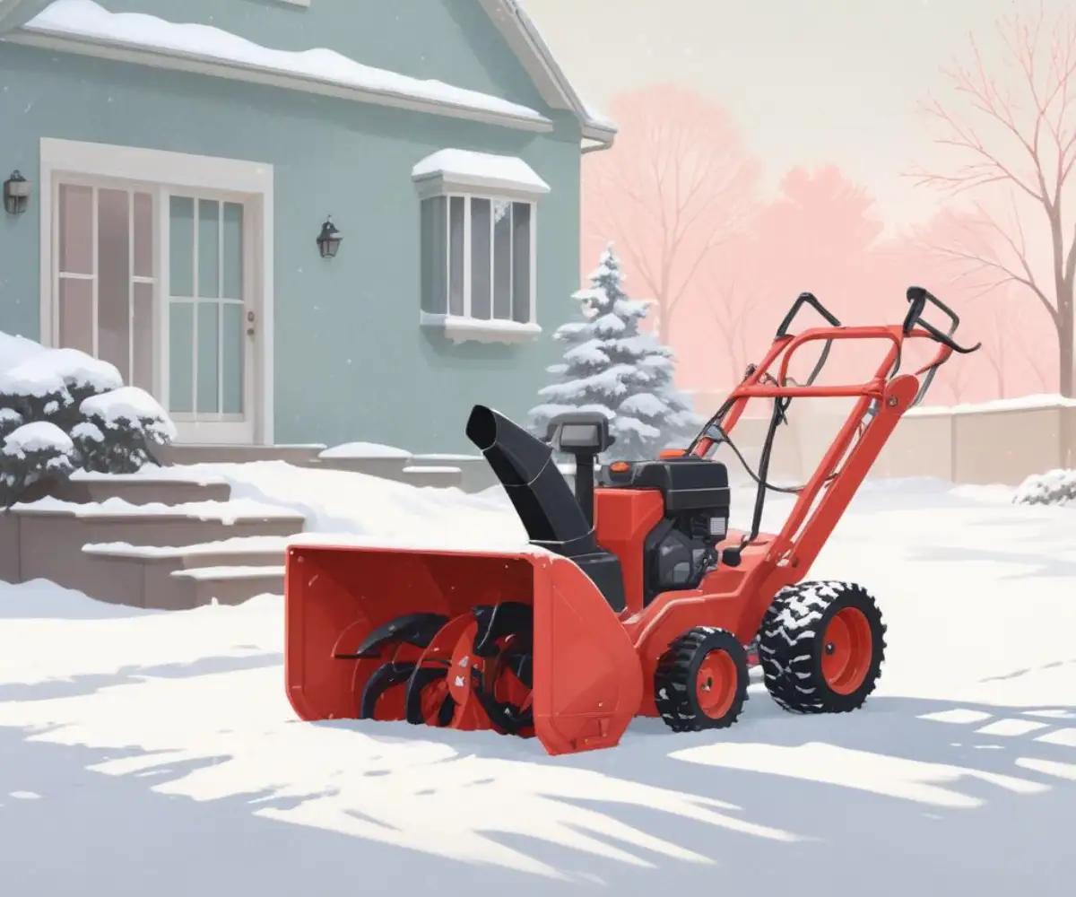 A red two-stage snow blower parked on a clean concrete driveway.