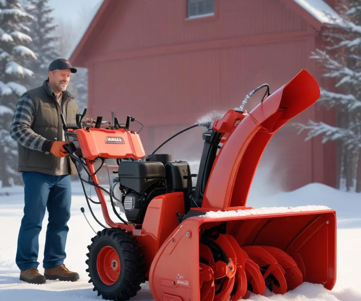 A red Ariens Professional series two-stage snow blower with a large discharge chute and serrated steel augers.