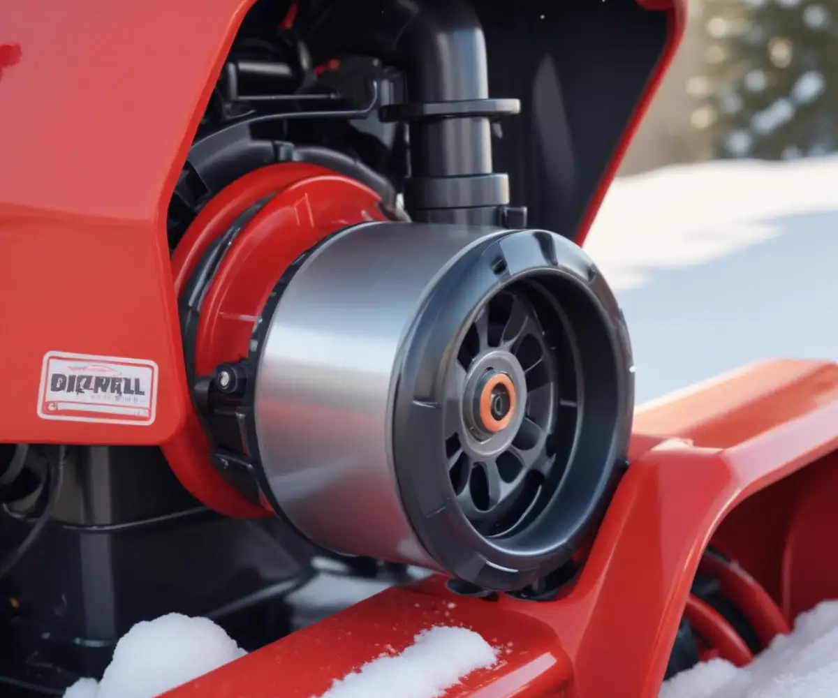 Close-up view of the oil fill cap and dipstick on a modern red snow blower engine.