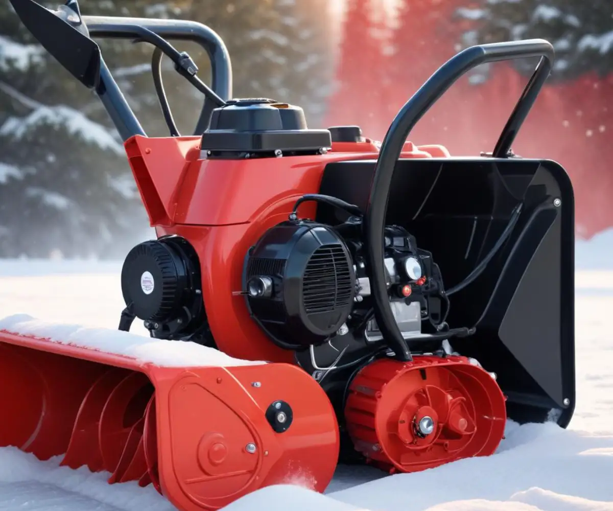 Close-up of a red snow blower engine with a black fuel tank and pull-start handle.