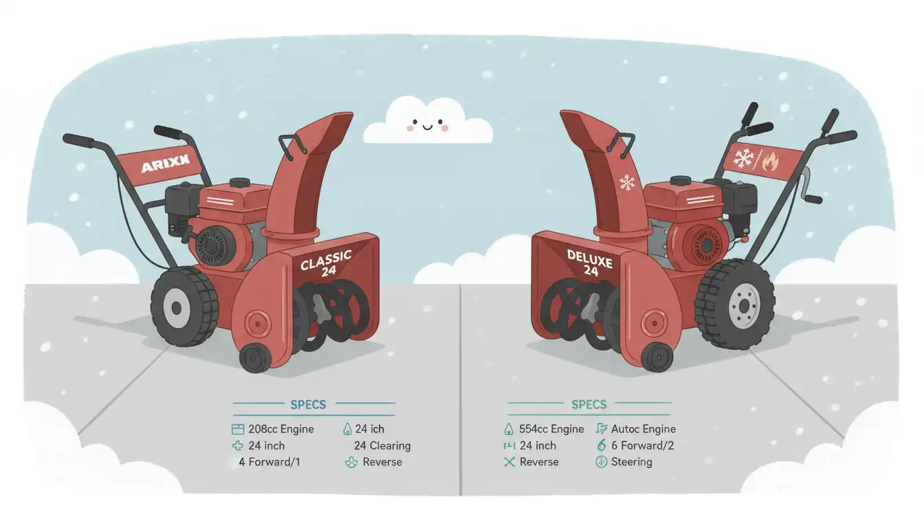 A red two-stage snow blower parked on a clean concrete driveway.