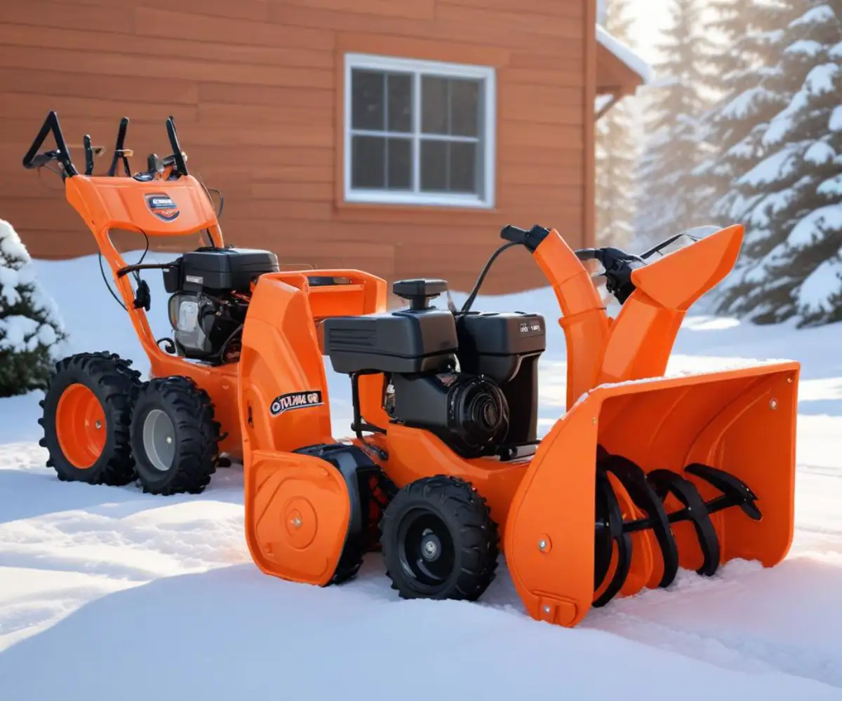 An orange Ariens Compact snow blower placed next to a larger orange Ariens Deluxe snow blower on a solid white background.