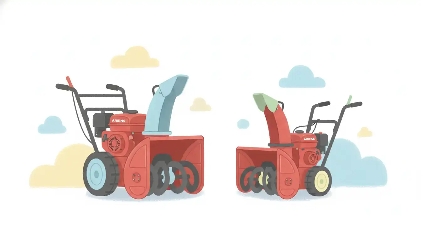 A red Ariens Deluxe 24 snow blower next to a red Ariens Classic 24 snow blower on a clean, white background.