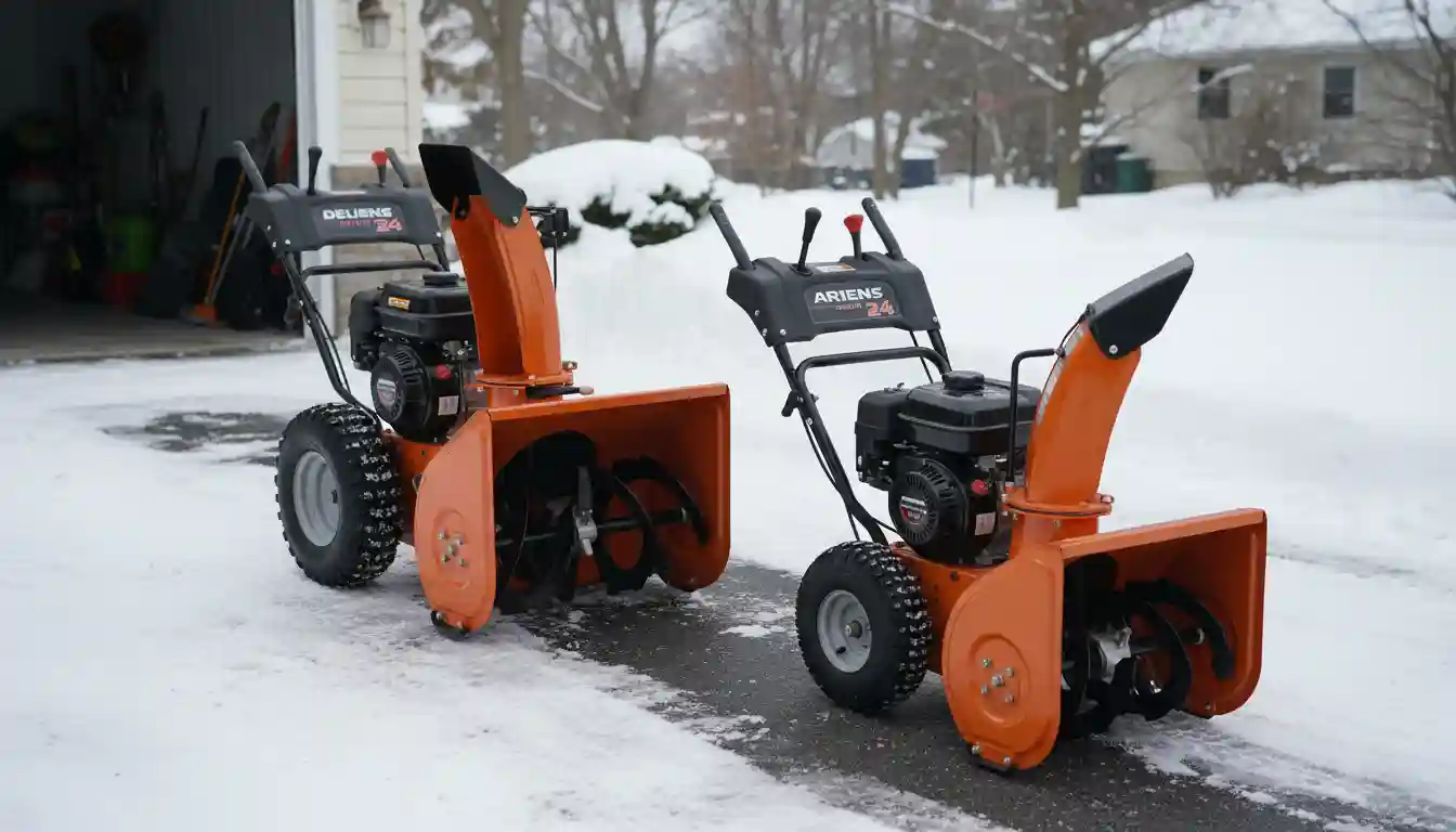 An orange Ariens two-stage snow blower on a clean, white background.