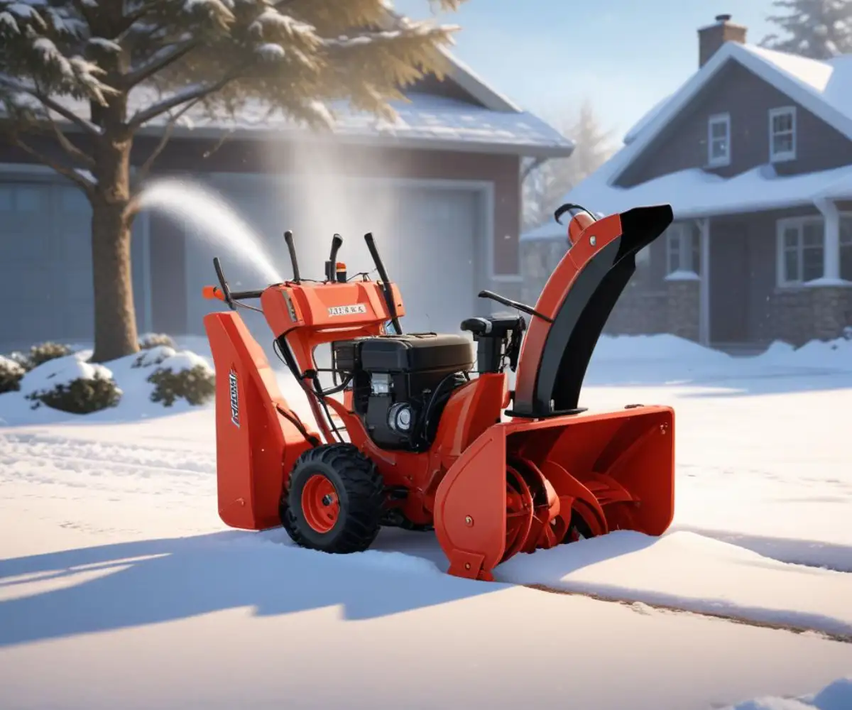 Red Ariens Deluxe 24 two-stage snow blower on a clean concrete surface.