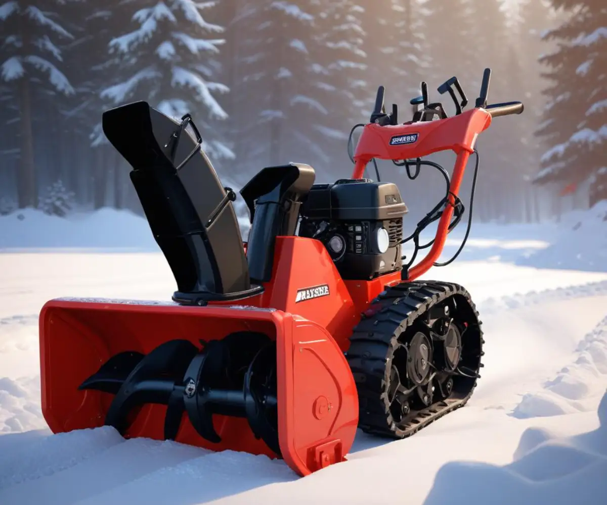 A heavy-duty red and black Ariens Kraken snow blower with a large auger and track drive system.