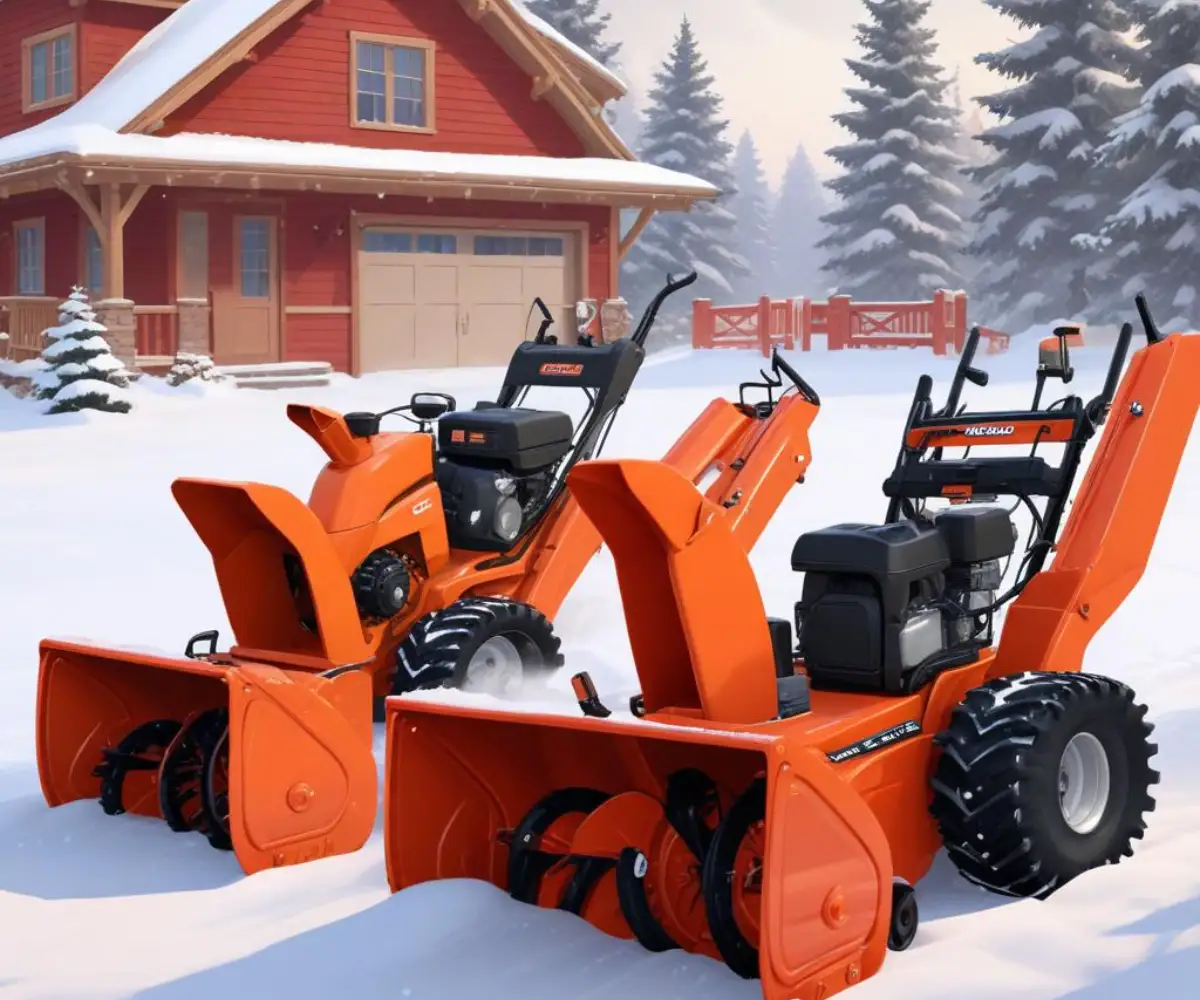 An orange Ariens snowblower and a red Craftsman snowblower parked side-by-side in a snowy setting.