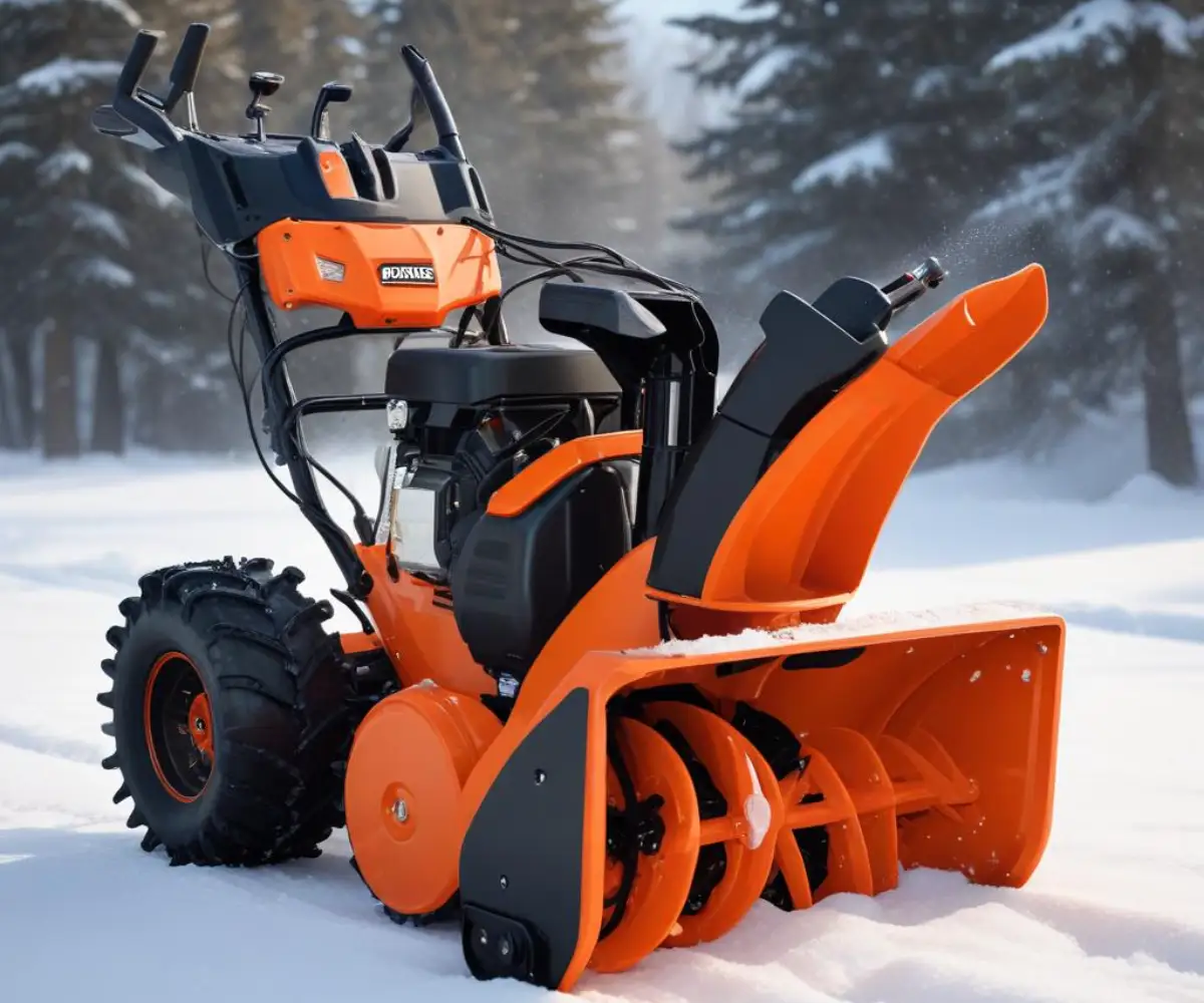 An orange Ariens Platinum 24 SHO two-stage snow blower with black handles and wheels is positioned on a clean, solid background.
