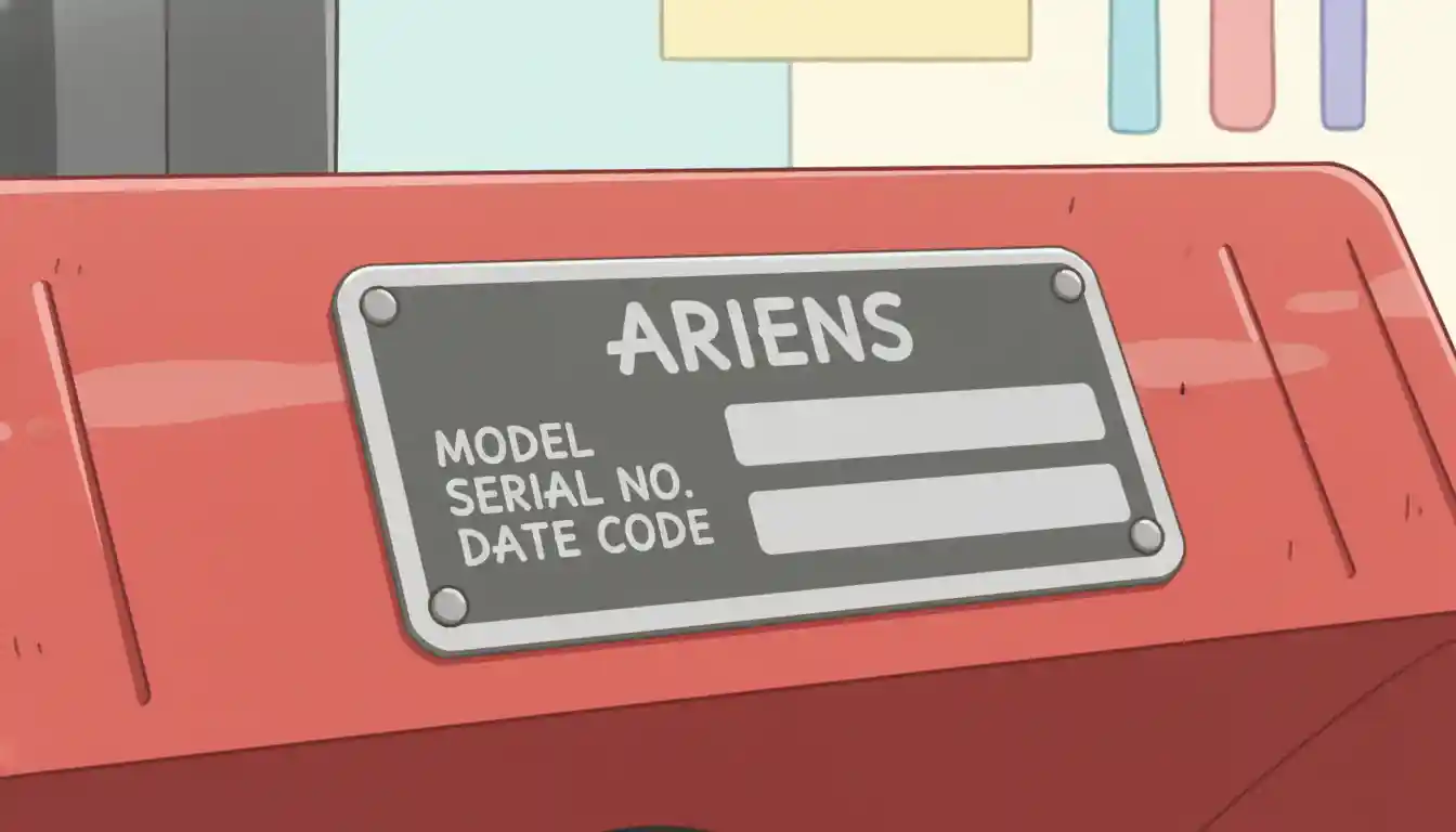 Close-up of a metal serial number plate riveted to a red piece of outdoor power equipment.