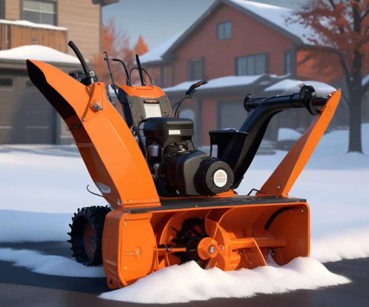 An orange, two-stage Ariens snow blower with a black chute, resting on a clean, solid-colored surface.